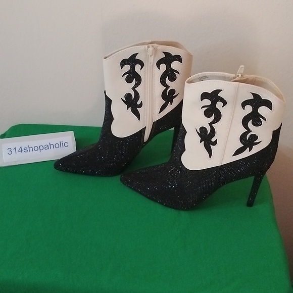 Black / Cream Ankle Boots With Rhinestones - Picture 1 of 5